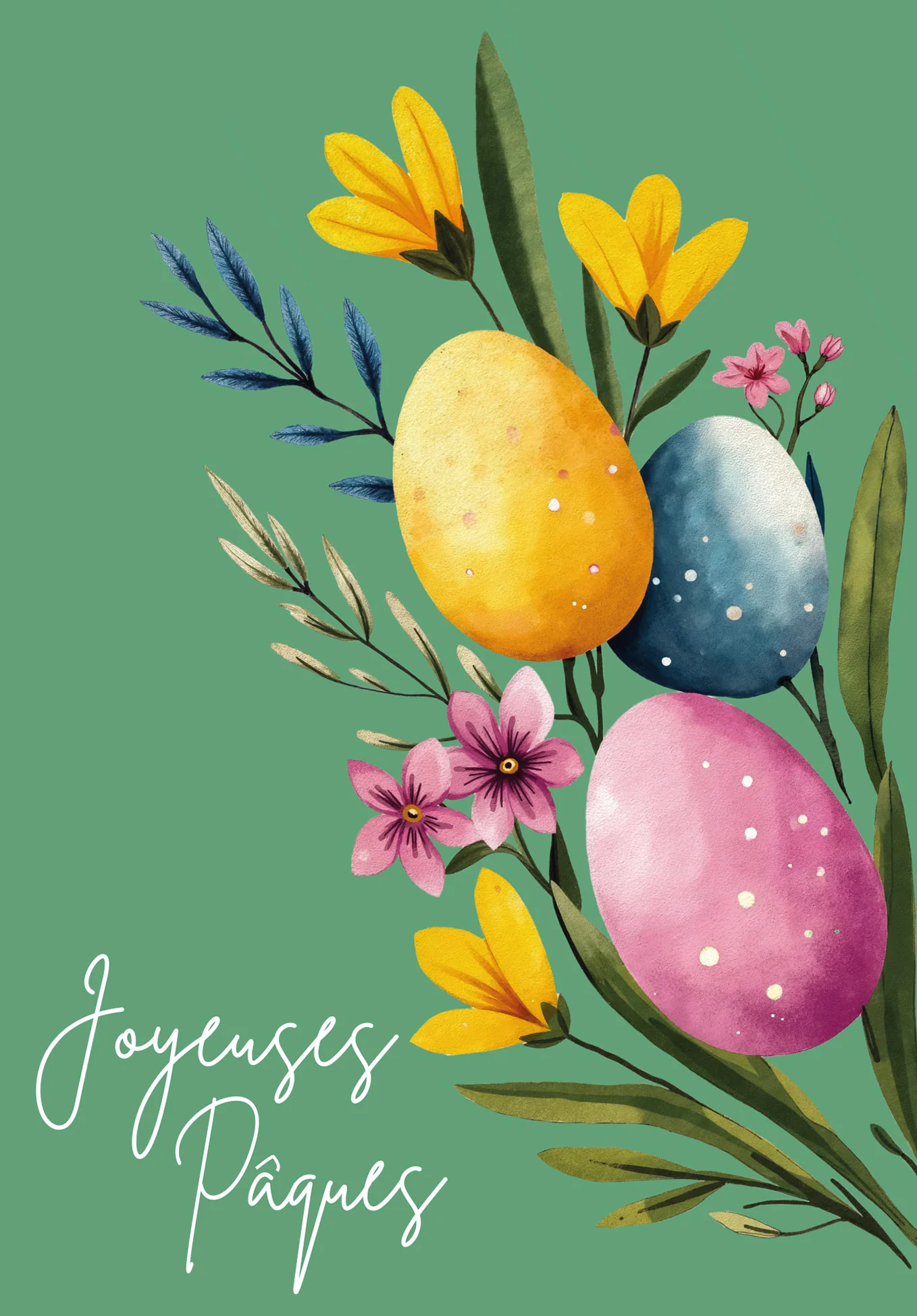 Joyeuses Pâques - Œufs et fleurs vertes - Image 2